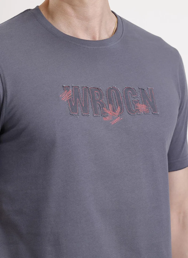 Wrogn Solid Embroidery Patch T-Shirt   |  Grey